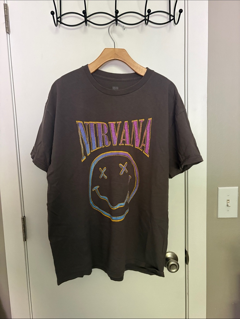 NIRVANA Black Tee with Multicolor Logo and Smile Graphic